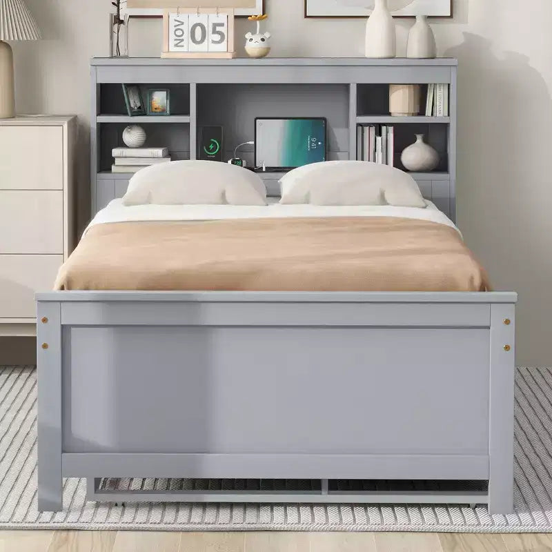 Letto a piattaforma con letto estraibile e cassetti, Letto a piattaforma contenitore con USB, Letto a piattaforma in legno con libreria