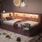 Letto da Giorno Twin/Full con Letto Estraibile e Testiera a Libreria a L, Letto Angolare Imbottito in Lino con Ripiani Portaoggetti e Cinghia a LED
