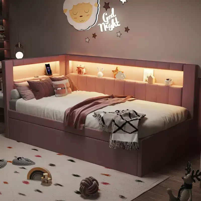 Letto da Giorno Twin/Full con Letto Estraibile e Testiera a Libreria a L, Letto Angolare Imbottito in Lino con Ripiani Portaoggetti e Cinghia a LED