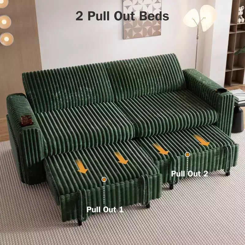 Divano Letto Sezionale Dyonery 91 con Letto Estraibile, Schienale Reclinabile/Due Letti Estraibili/Porte USB/Portabicchieri, Velluto a Coste Peluche