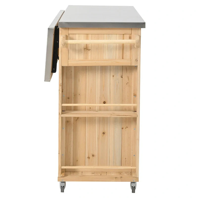 Isola da cucina per esterno, in legno di abete rustico con piano in acciaio inossidabile e vani intelligenti