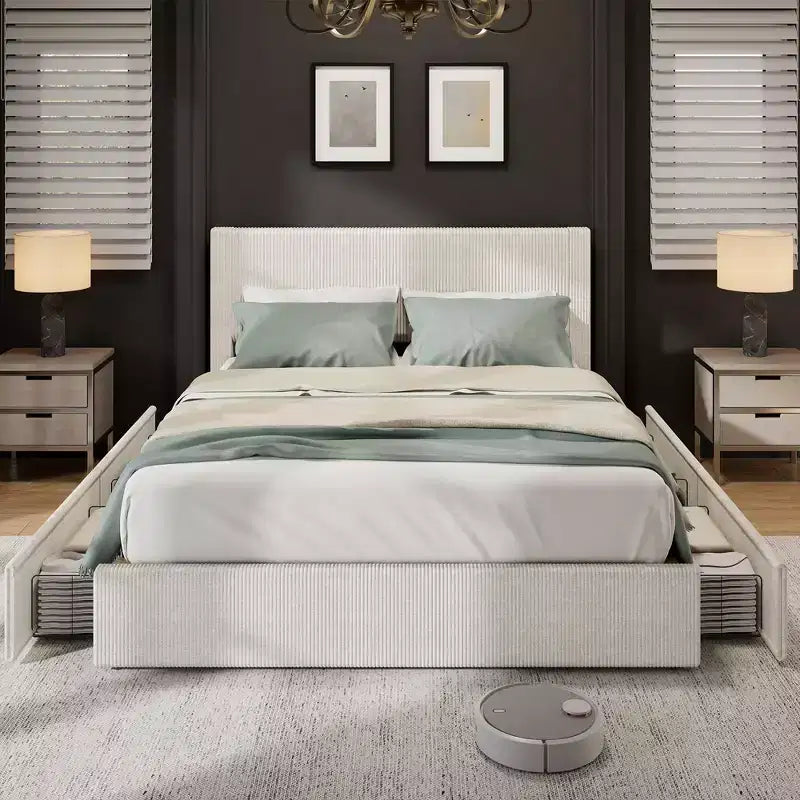 CuisinSmart - Struttura letto in velluto a coste con testiera, struttura letto imbottita con piattaforma con 4 cassetti portaoggetti e supporto a doghe in legno