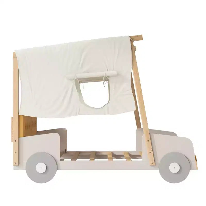 Letto a forma di Auto Whisen in Legno con Cuscino, Baldacchino in Tessuto e LED - Naturale