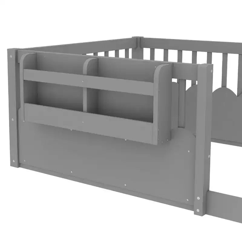 Letto a terra per bambini Bellemave con recinzione rialzata e libreria, struttura letto matrimoniale in legno Montessori per bambine e bambini