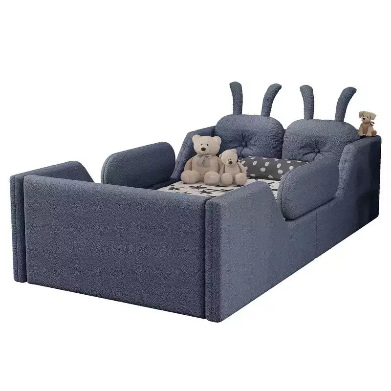 Whisen Twin - Letto a piattaforma, Letto imbottito da pavimento per bambini con cuscino a coniglio, Sponde laterali rimovibili