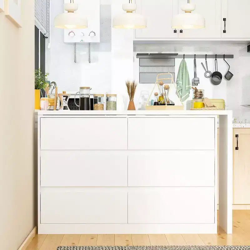 Credenza/Mobile Buffet Intelligente Girevole/Allungabile con 6 Cassetti, Piano d'Appoggio Estensibile, Tappetino Antiscivolo, Tavolo da Pranzo Girevole, Dispensa ad Isola per Cucina