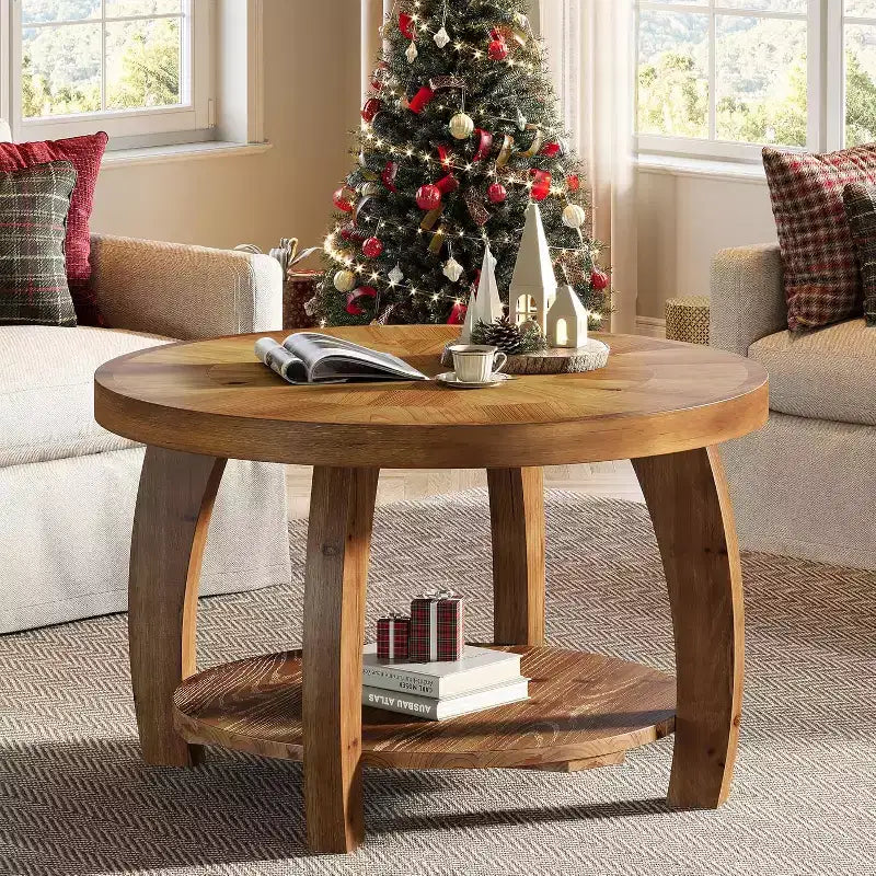 Lantine Tavolino rotondo in legno massello, tavolino a 2 ripiani con portaoggetti, piano da 80 cm con motivo a mosaico, facile da montare, per soggiorno, marrone