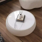 Tavolino Moderno Rotondo a Tamburo Okak con Piano in Marmo e Lato in Pelle, Tavolino da Centro alla Moda per Soggiorno, Camera da Letto