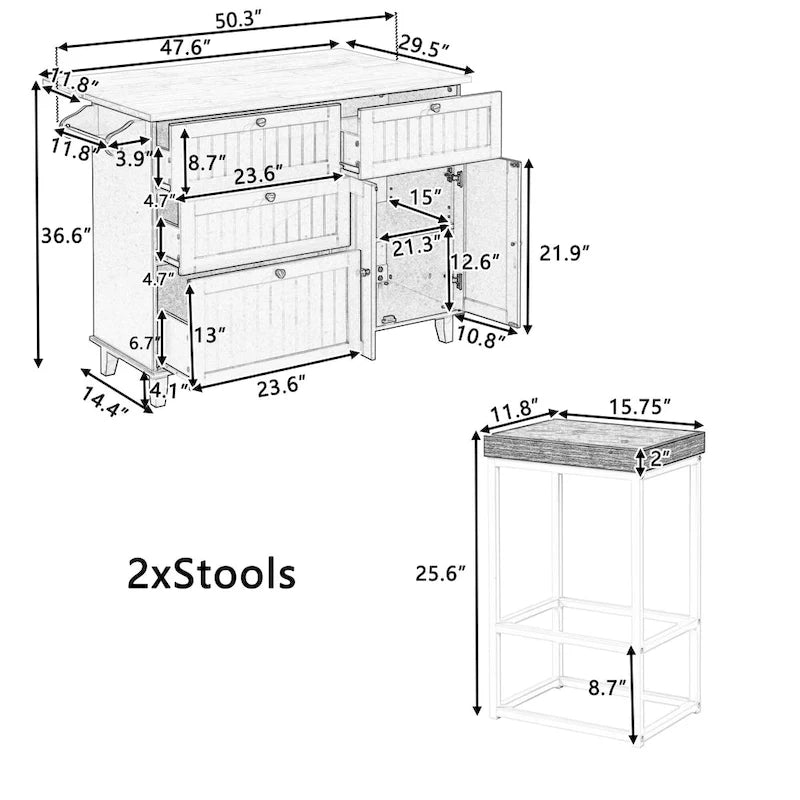 Set da isola per cucina TOPMAX con anta a ribalta e 2 posti a sedere, set tavolo da pranzo con ripiano regolabile, cassetti e portasciugamani