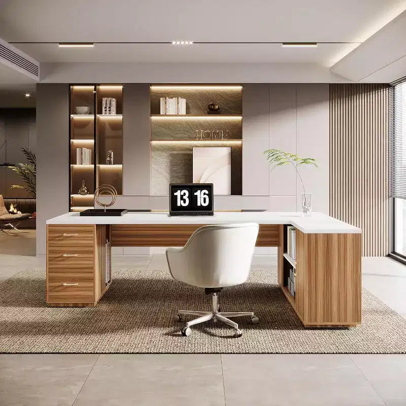 Scrivania direzionale a L Lantine 85.8, scrivania da computer da ufficio extra large con cassetti per schedari per l'home office