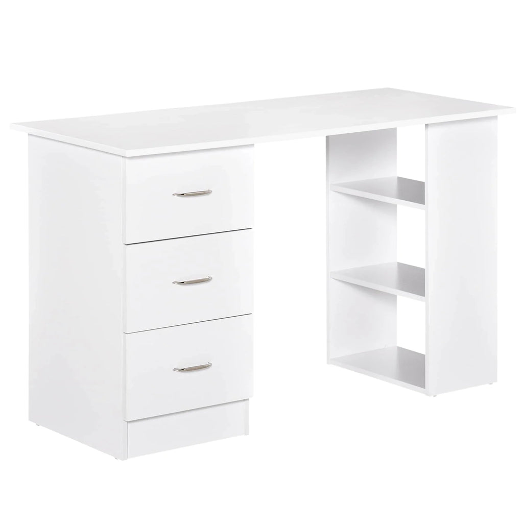 HOMCOM 47" Scrivania per Computer da Ufficio Moderna con Libreria, Tavolo da Scrittura Workstation con 3 Cassetti e Ripiano - Bianco