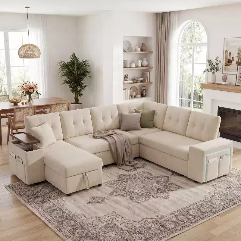 Divano letto componibile modulare Dyonery 112 con letto estraibile, divano componibile a U con contenitore, divani con seduta extra ampia e profonda per soggiorno