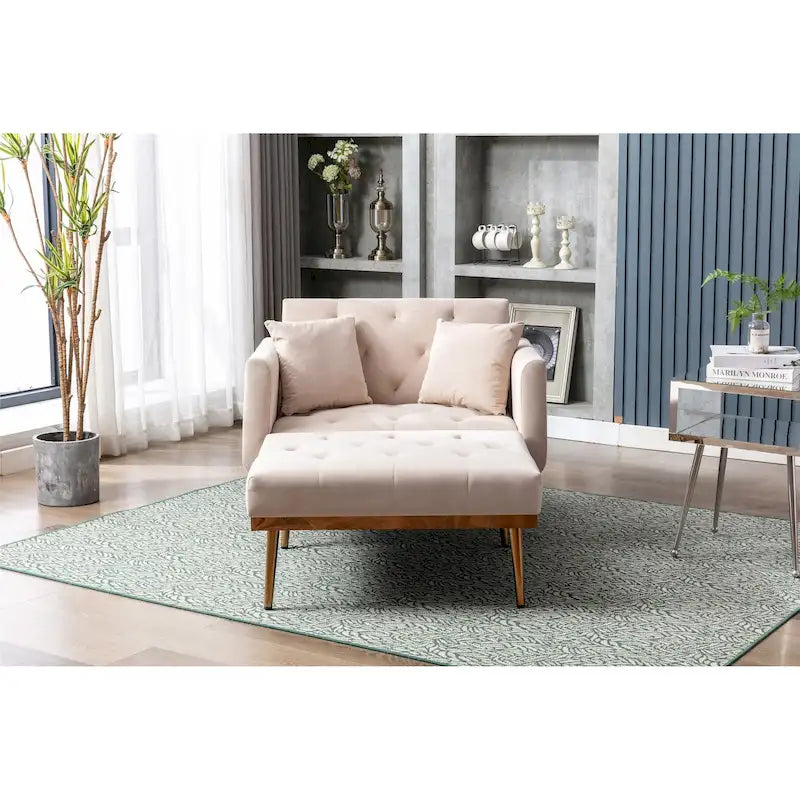 Divano letto-poltrona in velluto trapuntato con piedini color oro rosa per salotto