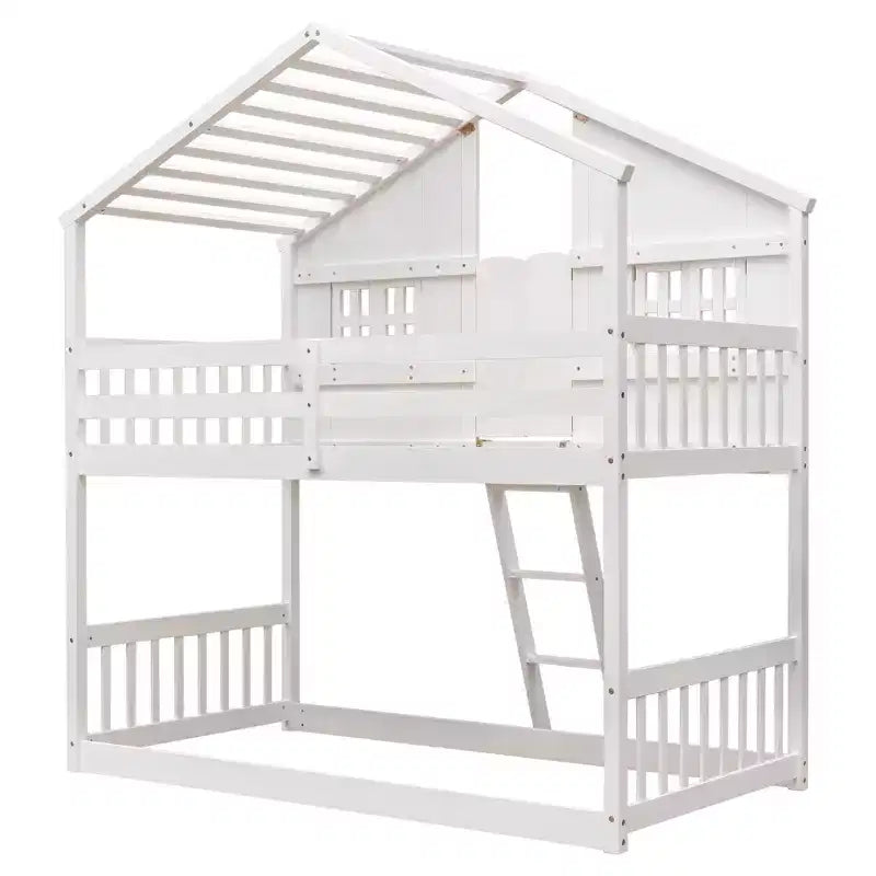 Letto a soppalco a forma di casetta con scaletta e spondine per bambini, in legno, misura singola