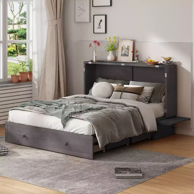 Mjkone Letto a Scomparsa Matrimoniale, Letto a Cassetti a Cubo con Stazione di Ricarica e Spazio Contenitore