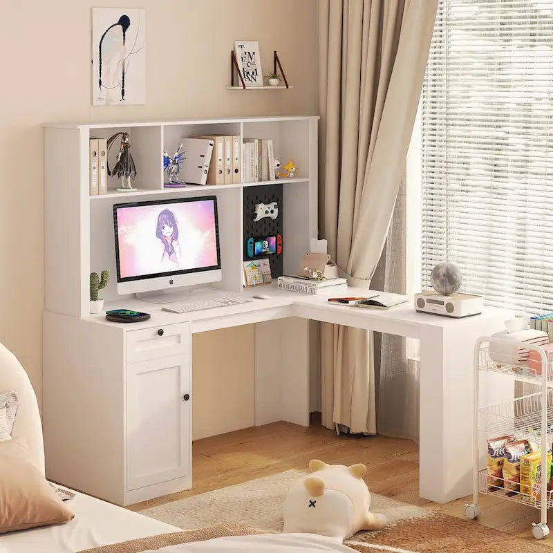Scrivania a L con presa di corrente, scrivania per computer con cassetti, libreria e mobiletto, scrivania angolare moderna, scrivania per ufficio domestico