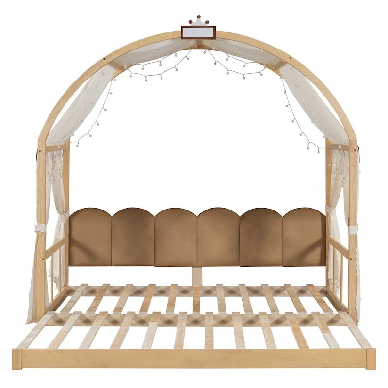 Letto a piattaforma in legno massiccio a forma di casetta, letto Montessori a terra con tetto ad arco e letto estraibile per bambine e bambini