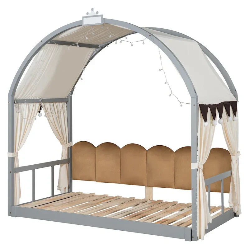 Letto a piattaforma in legno massiccio a forma di casetta, letto Montessori a terra con tetto ad arco e letto estraibile per bambine e bambini