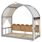 Letto a piattaforma in legno massiccio a forma di casetta, letto Montessori a terra con tetto ad arco e letto estraibile per bambine e bambini