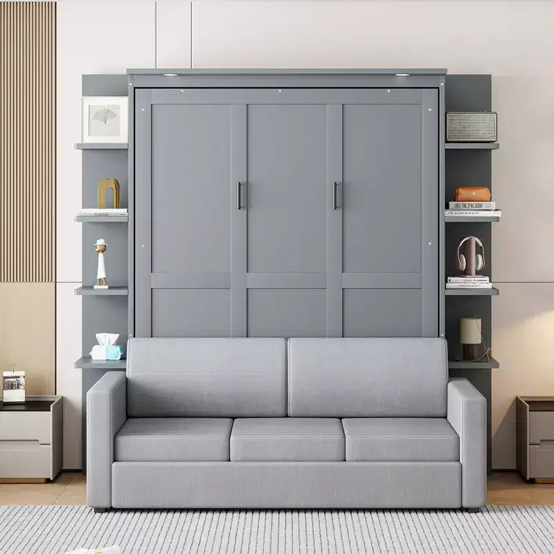Letto a muro a scomparsa Whisen Modern Design con struttura in legno, Queen Size, con divano e mensole