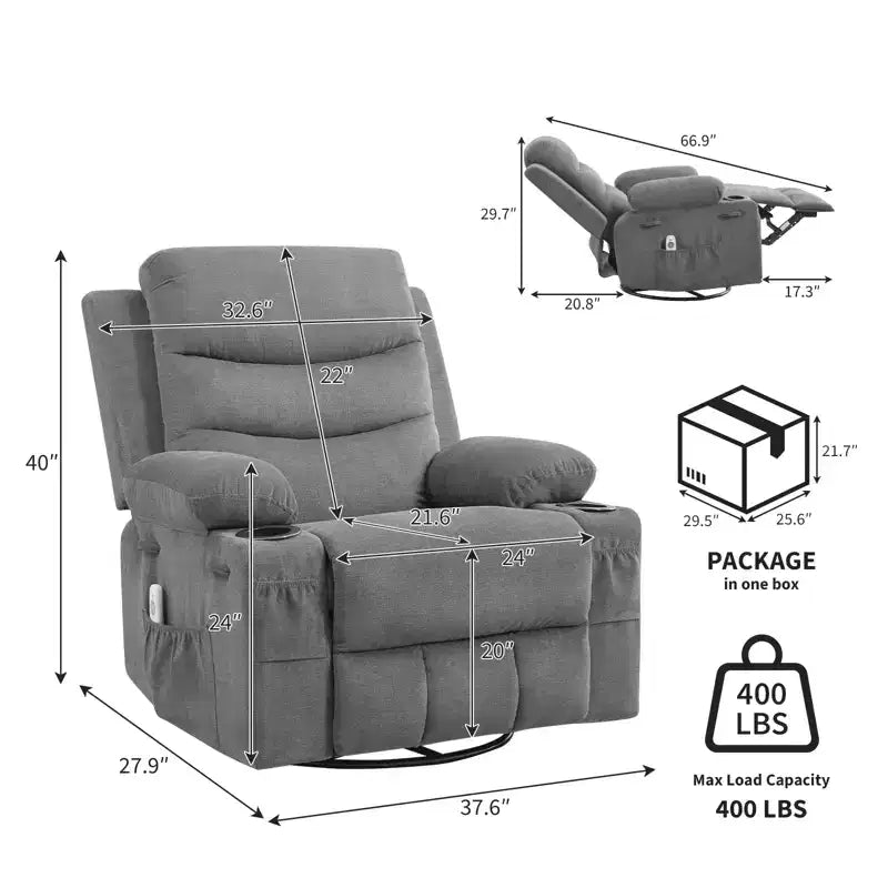 Poltrona Reclinabile Girevole a Dondolo con Massaggio e Riscaldamento, Girevole a 360° con Portabicchieri e Tasche Laterali, Divano Ergonomico per Soggiorno, Camper, Cameretta
