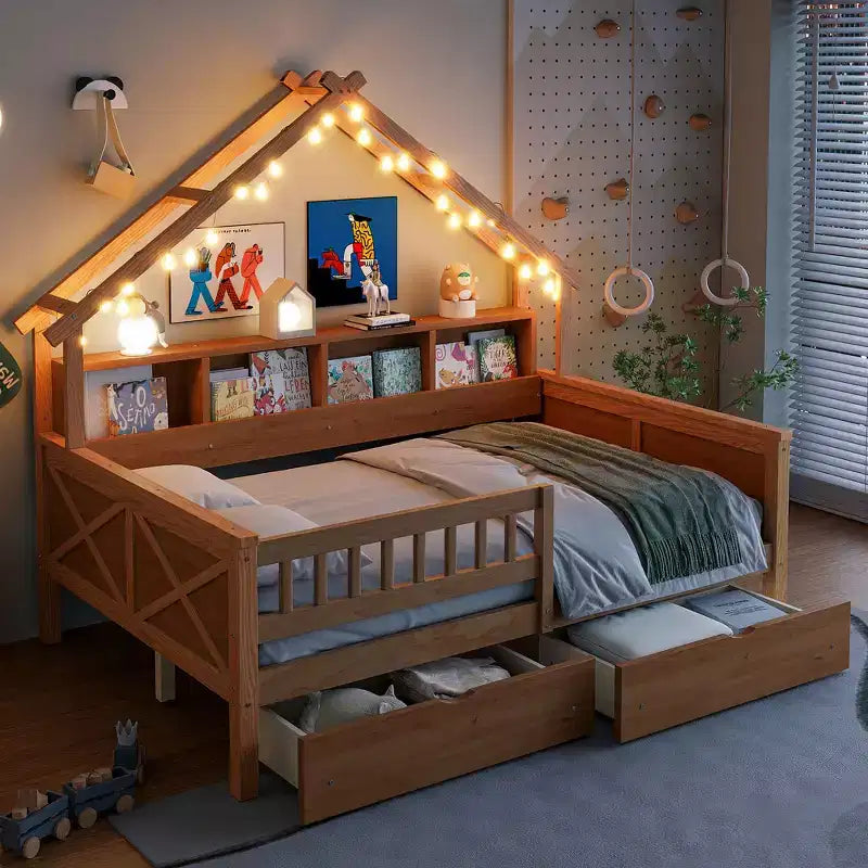 Struttura letto a casetta a grandezza naturale con cassetti, letto a piattaforma a casetta con luci LED, mensole e cassetti portaoggetti, divano letto in legno con tetto e sponda