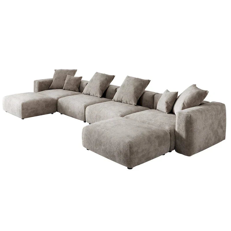 Divano componibile modulare grande, rivestimento in velluto a coste, a U, a 4 posti, con 2 pouf e 5 cuscini