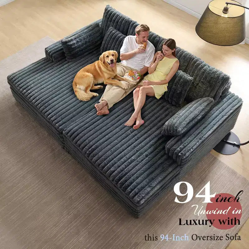 AMERLIFE 93 Divano a due posti con chaise longue doppia, Divano profondo "Cloud" con cuscini lombari e braccioli larghi, Facile da montare, Pelliccia sintetica