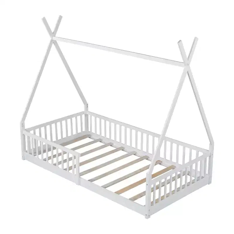 Letto a pavimento per bambini, letti a tenda a una piazza, letto a pavimento Montessori con doghe e sponde di protezione, struttura letto a casetta in legno per ragazzi e ragazze