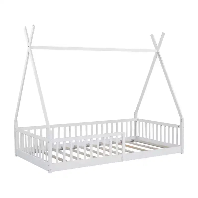 Letto a pavimento per bambini, letti a tenda a una piazza, letto a pavimento Montessori con doghe e sponde di protezione, struttura letto a casetta in legno per ragazzi e ragazze