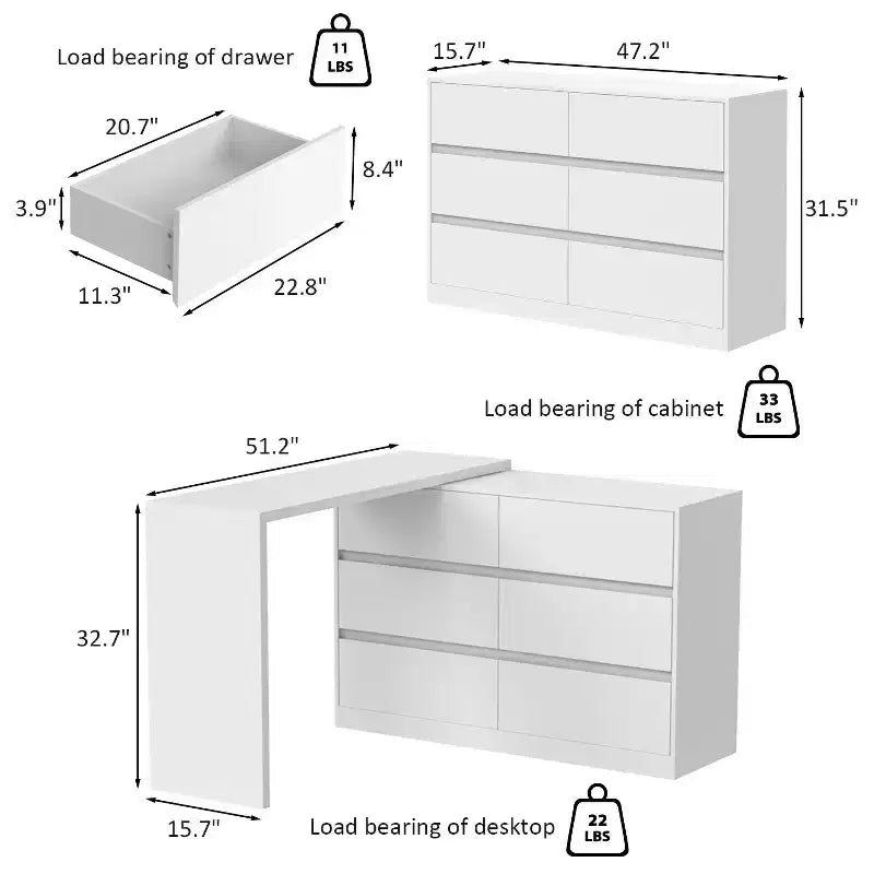 Credenza/Mobile Buffet Intelligente Girevole/Allungabile con 6 Cassetti, Piano d'Appoggio Estensibile, Tappetino Antiscivolo, Tavolo da Pranzo Girevole, Dispensa ad Isola per Cucina