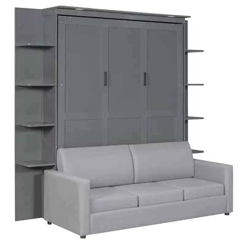 Letto a muro a scomparsa Whisen Modern Design con struttura in legno, Queen Size, con divano e mensole