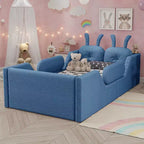 Whisen Twin - Letto a piattaforma, Letto imbottito da pavimento per bambini con cuscino a coniglio, Sponde laterali rimovibili