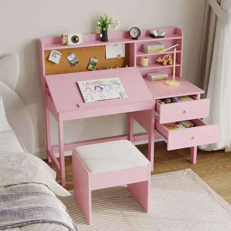Set scrivania e sedia per bambini, tavolo da studio in legno con piano inclinabile regolabile, cassetti e bacheca in sughero - Set scrivania per lo studio dei bambini