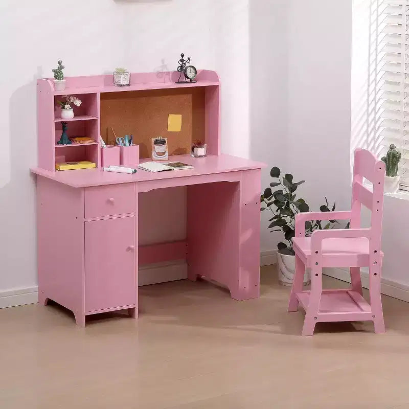Scrivania per bambini, set scrivania e sedia per ragazzi e ragazze, tavolo da scrittura per bambini in legno con libreria, bacheca, armadietto e cassetto per età 3-8