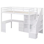 Letto a soppalco singolo con scrivania a L, 3 cassetti, armadio, contenitore per scale, struttura in pino massiccio/MDF