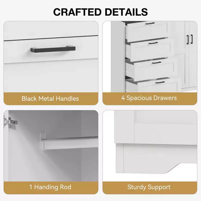 Guardaroba Armadio in Legno H 43.3 con 4 Cassetti e Asta Appendiabiti, Mobile Contenitore Multifunzionale per Camera da Letto