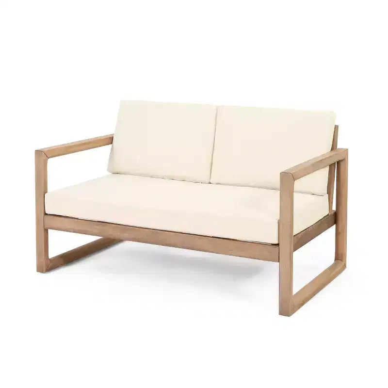Set Mobili da Patio in Legno di Acacia, Set Conversazione per Esterni con Tavolino da Caffè e Morbidi Cuscini per Giardino, Portico e Balcone, Beige - Merax