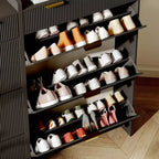 Moderna scarpiera bianca con 3 cassetti a ribalta e 2 cassetti piccoli e gancio, porta scarpe sottile scanalato, mobile stretto per ingresso