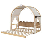 Letto a piattaforma in legno massiccio a forma di casetta, letto Montessori a terra con tetto ad arco e letto estraibile per bambine e bambini