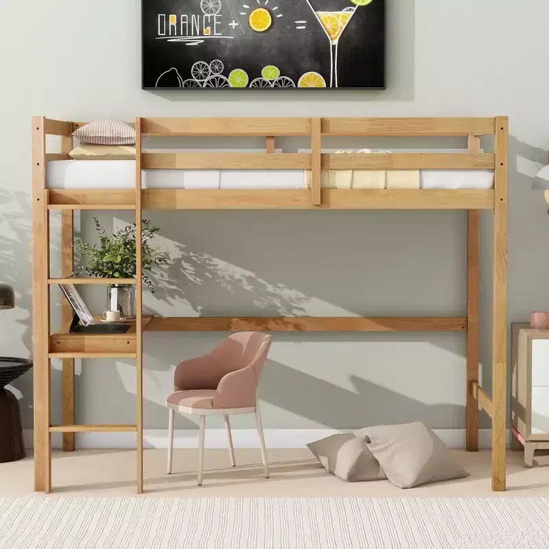 Lit mezzanine Okak Minimalism avec échelle, lit mezzanine simple en bois d'hévéa avec garde-corps de sécurité et bureau intégré, cadres de lit pour enfants, adolescents