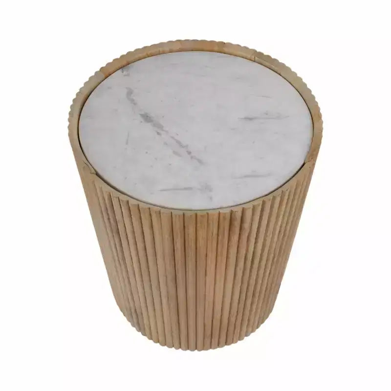 Tavolino Laterale Decorativo in Legno Scanalato con Piano in Marmo e Spazio Contenitivo - Piccolo Tavolino d'Appoggio per Arredo Camera da Letto o Soggiorno