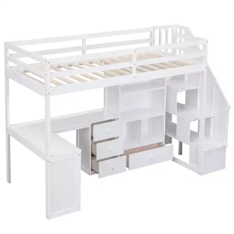 Letto a soppalco singolo con scrivania a L, 3 cassetti, armadio, contenitore per scale, struttura in pino massiccio/MDF