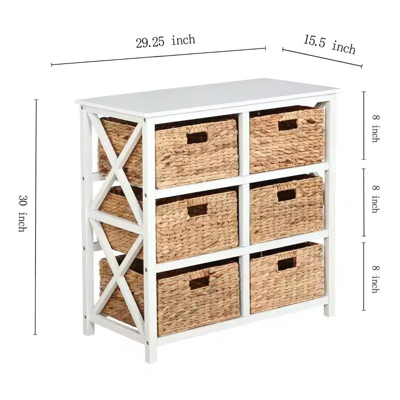 Cassettiera a 3 livelli con struttura a X e 6 cestini in giacinto d'acqua naturale di eHemco