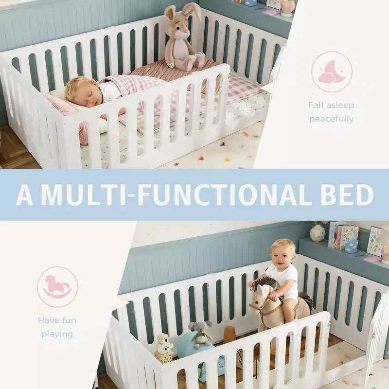 Lettino Montessori da Pavimento Bianco Doppio con Sbarre e Porta – Legno Massello, 1 Bambino