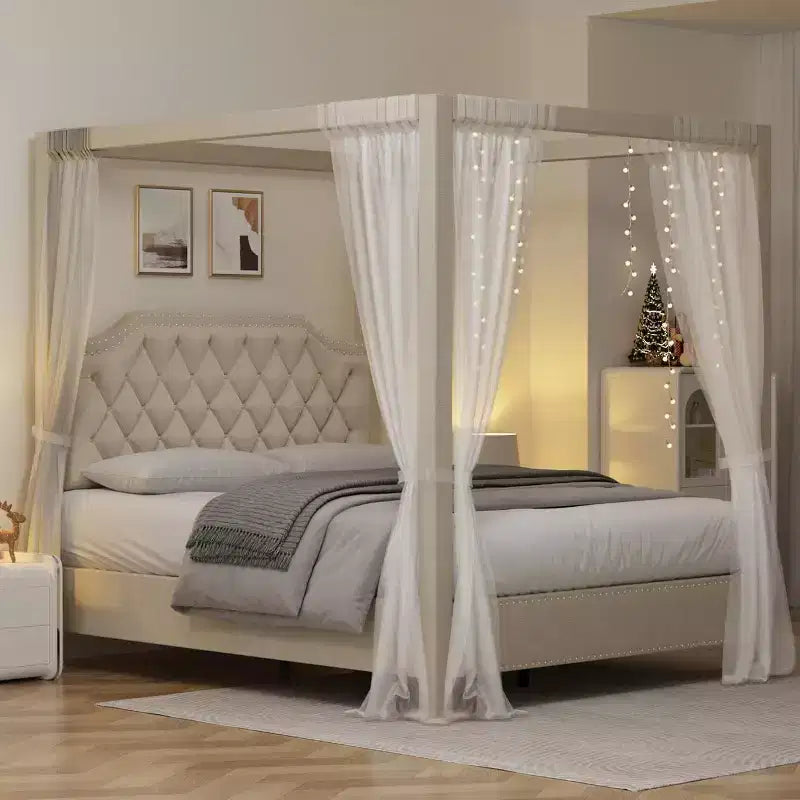 Struttura Letto a Baldacchino Queen Size con Pali a 4 Montanti, Supporto a Doghe in Legno Massello, Nessuna Rete a Molle Necessaria, Silenzioso