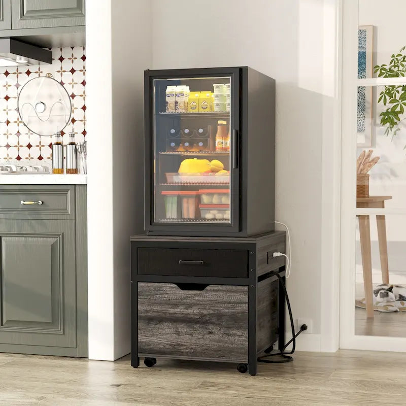 Mini Frigo con Stazione di Ricarica, Tavolino Laterale con Cassetti e Mobiletto su Ruote