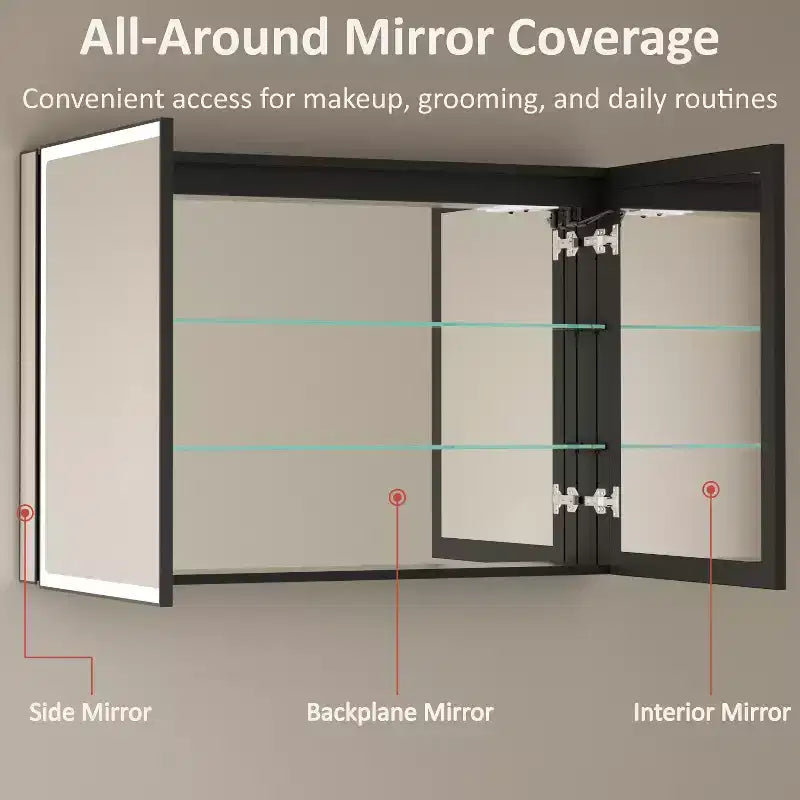 Pensile da Bagno con Specchio LED, Montaggio a Superficie o Incasso, Luce Dimmerabile, Antiappannamento, Ripiani Regolabili
