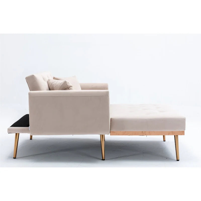 Divano letto-poltrona in velluto trapuntato con piedini color oro rosa per salotto