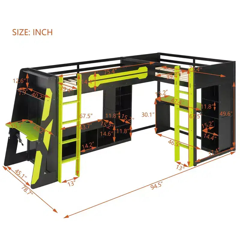 Letto a soppalco a L da gaming con scrivanie, letti a soppalco doppi con luci LED, porte USB, scaffali portaoggetti, letto a soppalco ad angolo in legno per 2